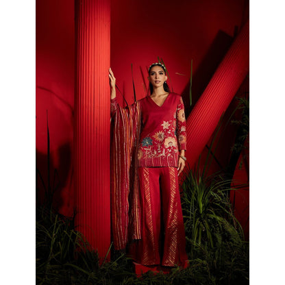 Shreeka Deep Red Embroidered Kurta And Shaara Georgette (Set of 3)