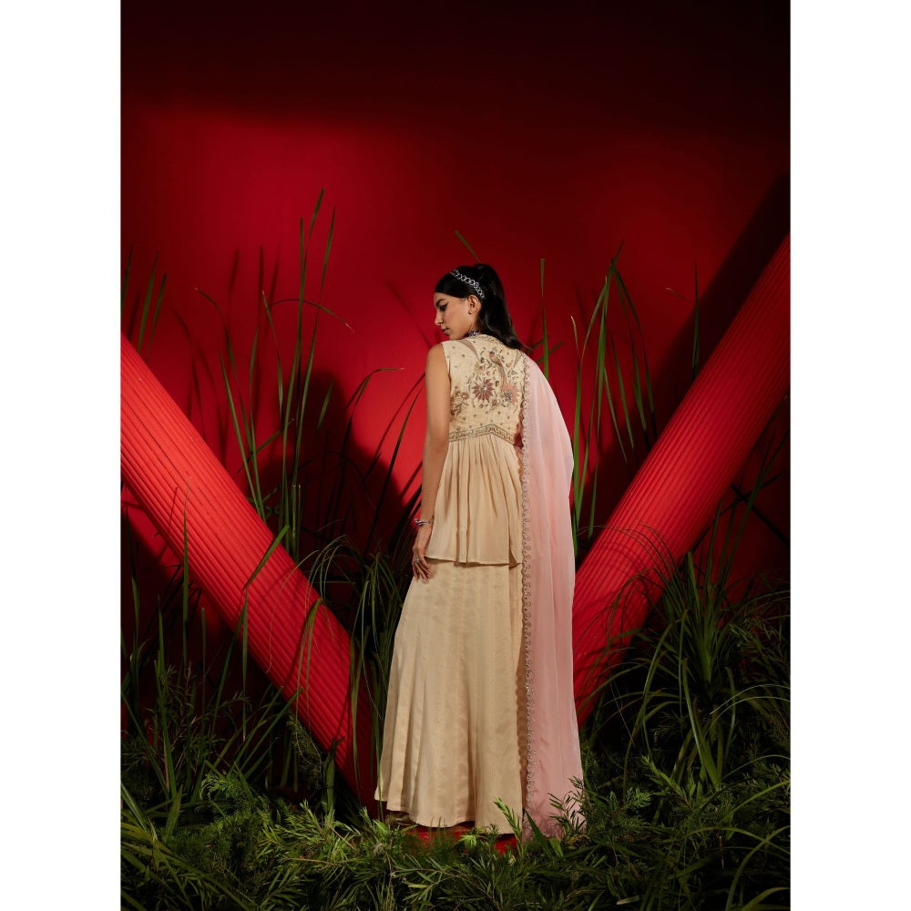 Shreeka Beige Georgette Embroidered Peplum And Shaara (Set of 3)