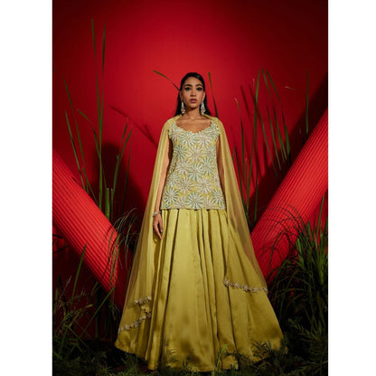 Shreeka Yellow Georgette And Satin Organza Embroidered Kurta & Skirt (Set of 3)
