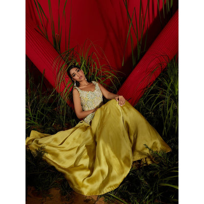 Shreeka Yellow Georgette And Satin Organza Embroidered Kurta & Skirt (Set of 3)