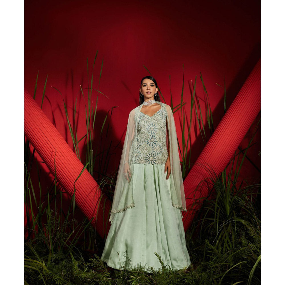 Shreeka Mint Georgette And Satin Organza Embroidered Kurta & Skirt (Set of 3)