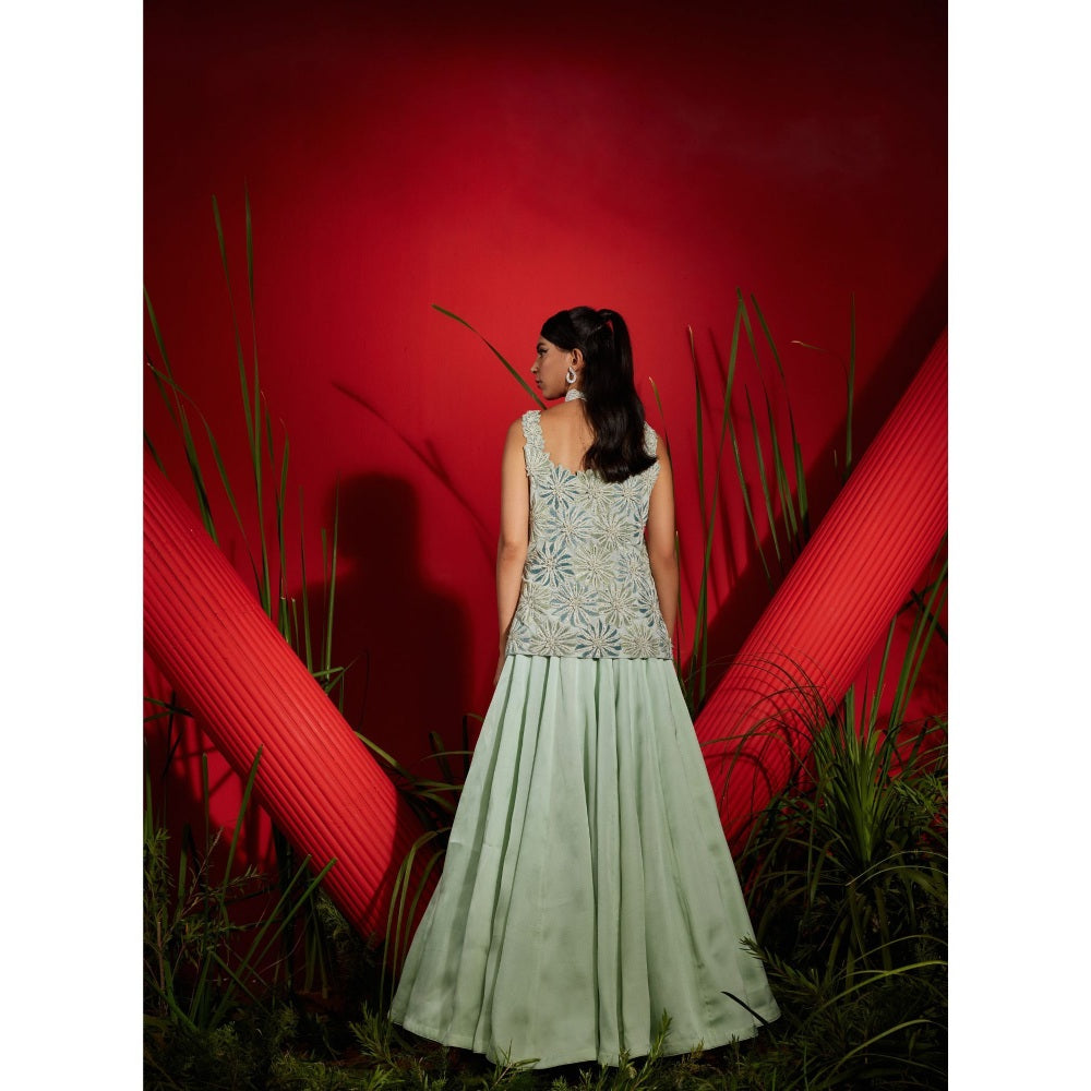 Shreeka Mint Georgette And Satin Organza Embroidered Kurta & Skirt (Set of 3)