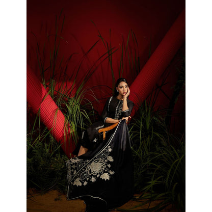 Shreeka Black Silk Chander Embroidered Suit (Set of 3)