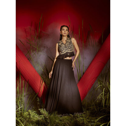 Shreeka Black & Gold Embroidered Georgette Ruffled Crop Top And Skirt (Set of 2)