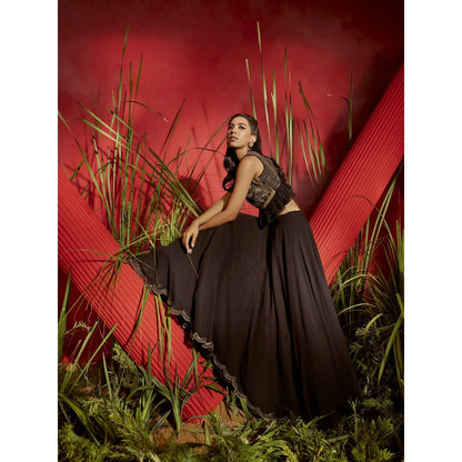 Shreeka Black & Gold Embroidered Georgette Ruffled Crop Top And Skirt (Set of 2)