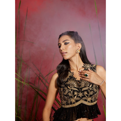 Shreeka Black & Gold Embroidered Georgette Ruffled Crop Top And Skirt (Set of 2)
