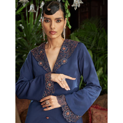 Shreeka Midnight Blue Satin Twill Embroidered Blazer (Set of 2)