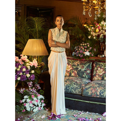Shreeka Beigie Satin Embroidered Draped Skirt (Set of 2)