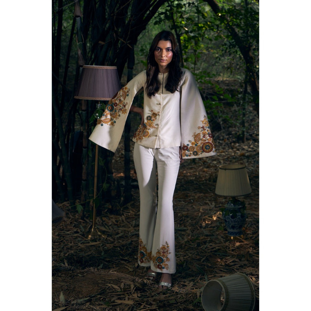 Shreeka Ivory Embroidered Cape Sleeve Jacket with Pant (Set of 2)