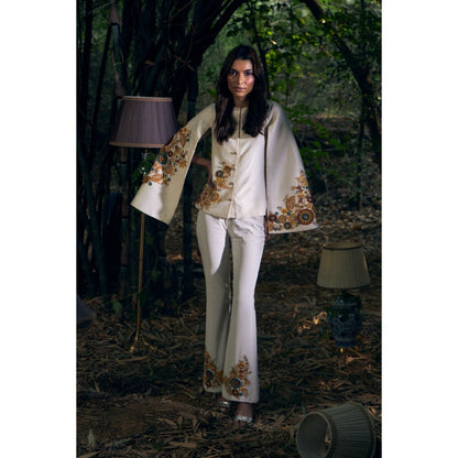 Shreeka Ivory Embroidered Cape Sleeve Jacket with Pant (Set of 2)