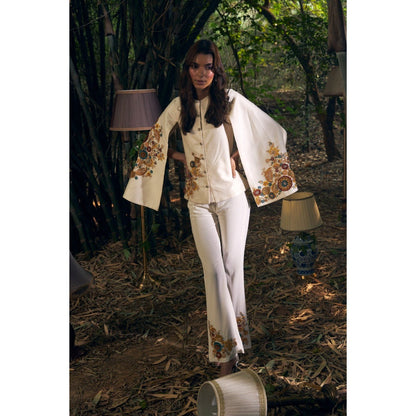Shreeka Ivory Embroidered Cape Sleeve Jacket with Pant (Set of 2)