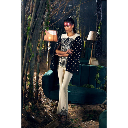 Shreeka Ivory Embroidered Silk Cape Sleeve Top with Pant (Set of 2)