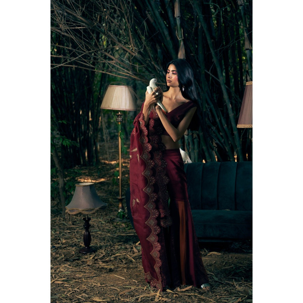 Shreeka Deep Red Crepe Embroidered Sharara with Blouse and Dupatta (Set of 3)