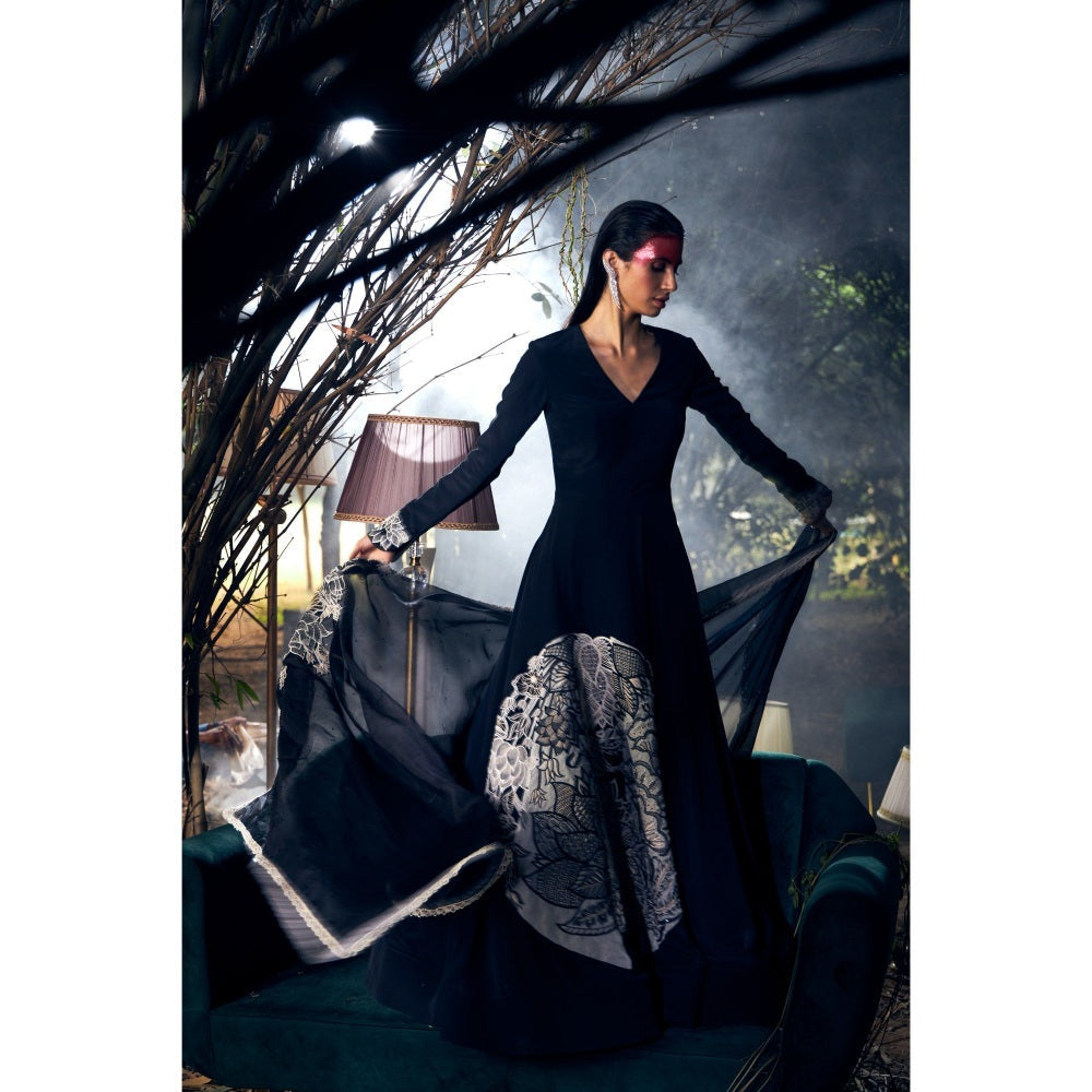 Shreeka Black Bold Chintz Embroidered Anarkali with Pant and Dupatta (Set of 3)