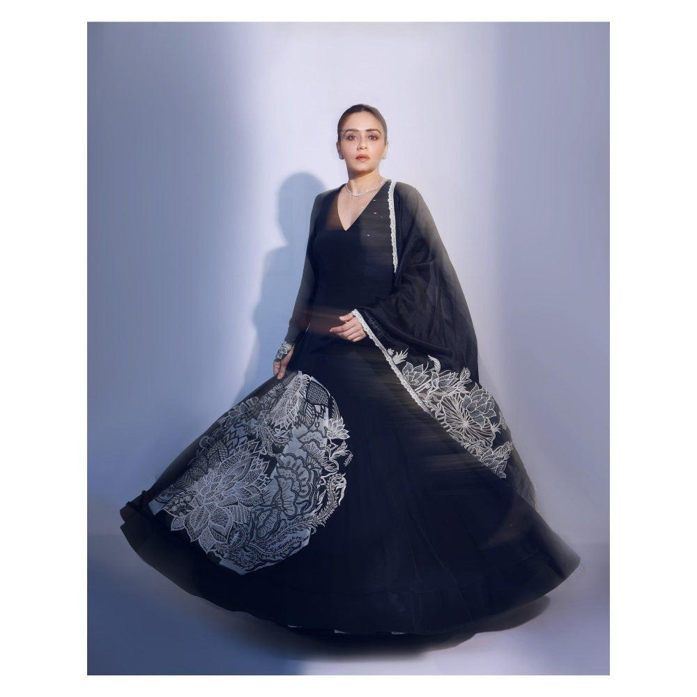 Shreeka Black Bold Chintz Embroidered Anarkali with Pant and Dupatta (Set of 3)