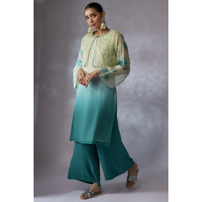 Shreeka Teal Embroidered Jacket with Kurta and Palazzo (Set of 3)