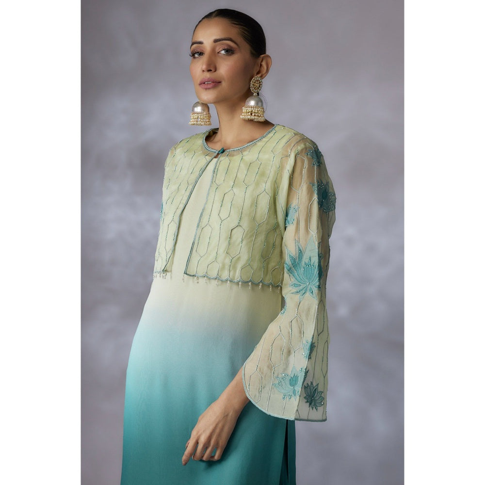 Shreeka Teal Embroidered Jacket with Kurta and Palazzo (Set of 3)