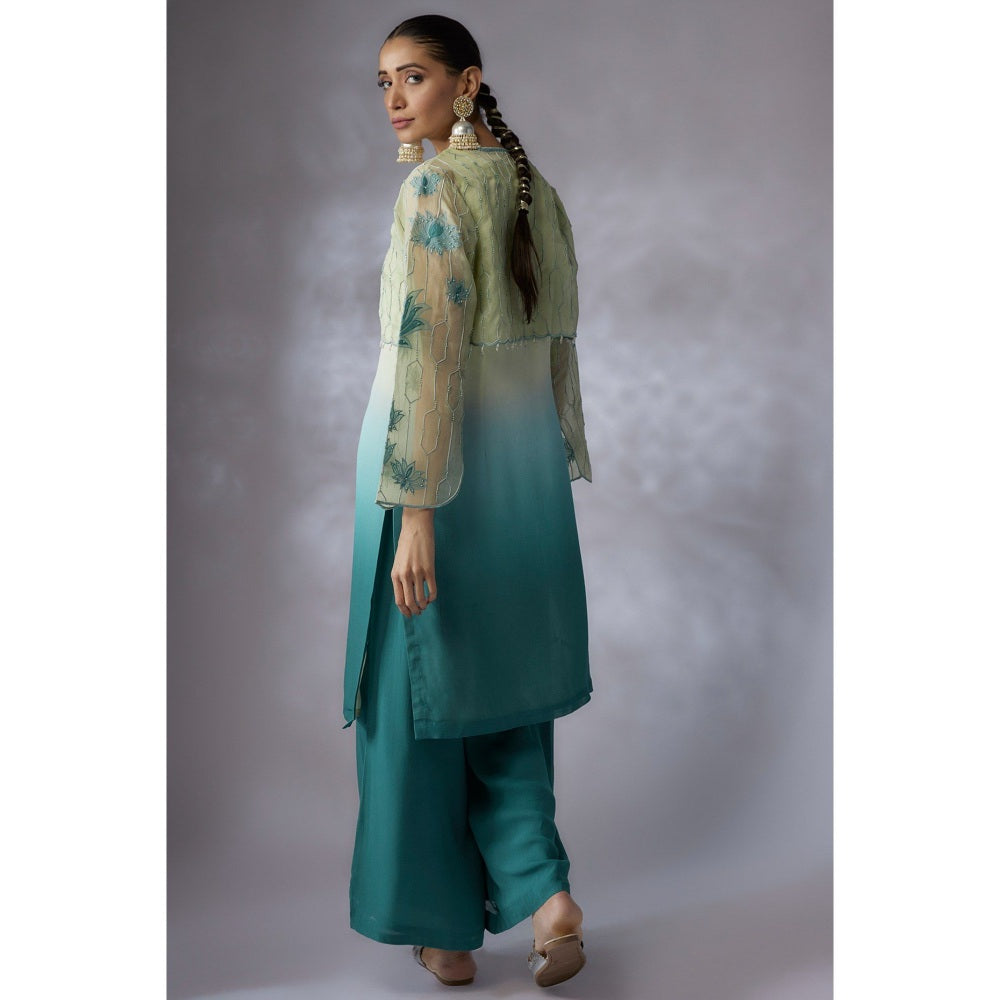 Shreeka Teal Embroidered Jacket with Kurta and Palazzo (Set of 3)