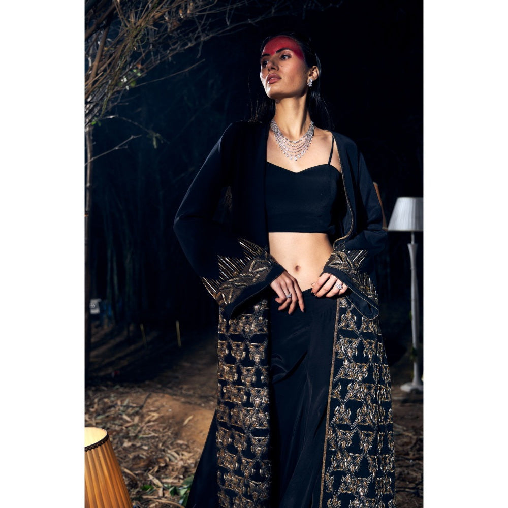 Shreeka Black Embroidered Crepe Jacket with Bustier and Palazzo (Set of 3)
