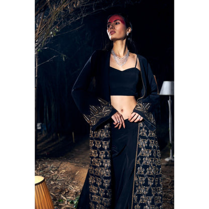 Shreeka Black Embroidered Crepe Jacket with Bustier and Palazzo (Set of 3)