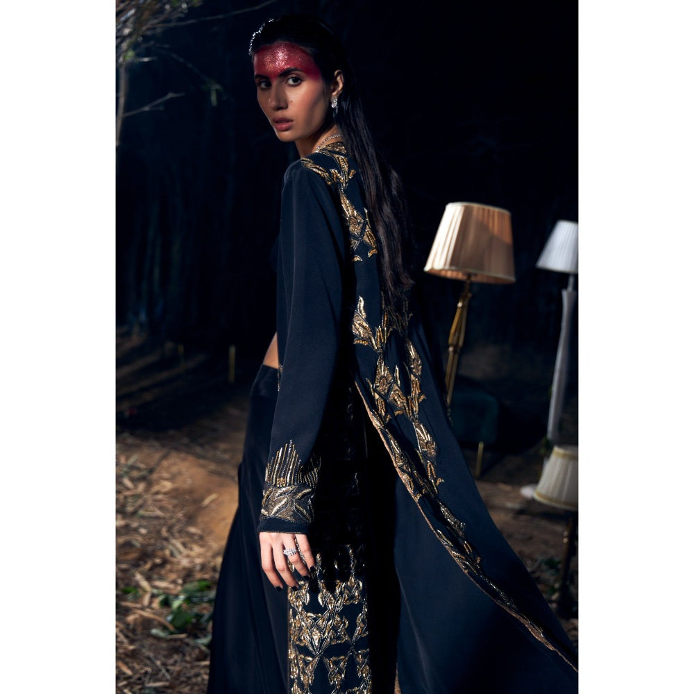Shreeka Black Embroidered Crepe Jacket with Bustier and Palazzo (Set of 3)