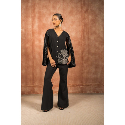Shreeka Black Pleated Cape Sleeves Embellished Co-Ord (Set of 2)