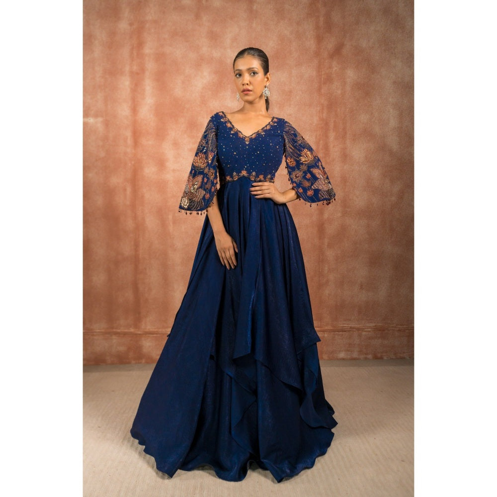Shreeka Midnight Blue Satin Cape Sleeves Embellished Maxi Dress