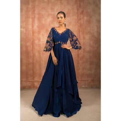 Shreeka Midnight Blue Satin Cape Sleeves Embellished Maxi Dress