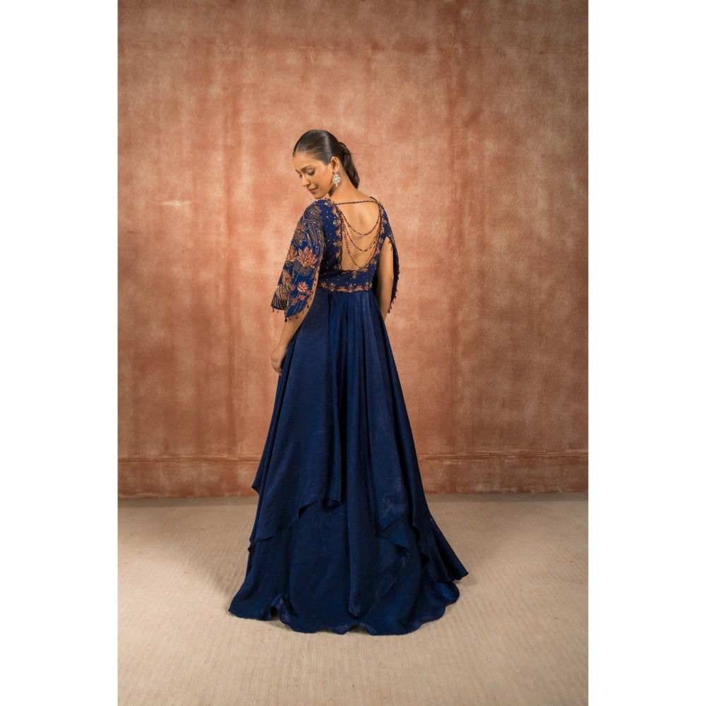 Shreeka Midnight Blue Satin Cape Sleeves Embellished Maxi Dress