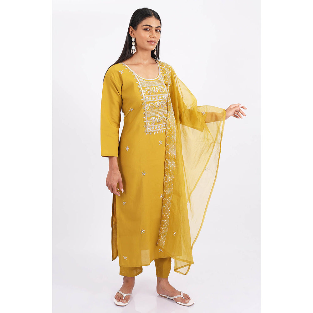 SHRUTI GOYAL Yellow Embroidered Kurta with Pant and Dupatta (Set of 3)