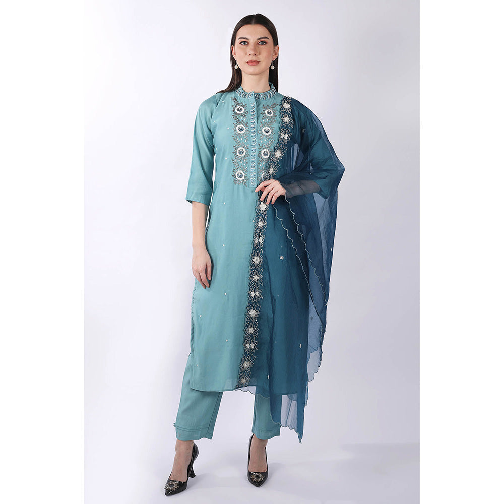 SHRUTI GOYAL Blue Embroidered Kurta with Pant and Dupatta (Set of 3)