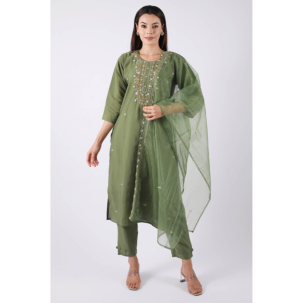 SHRUTI GOYAL Forest Green Embroidered Kurta with Pant and Dupatta (Set of 3)