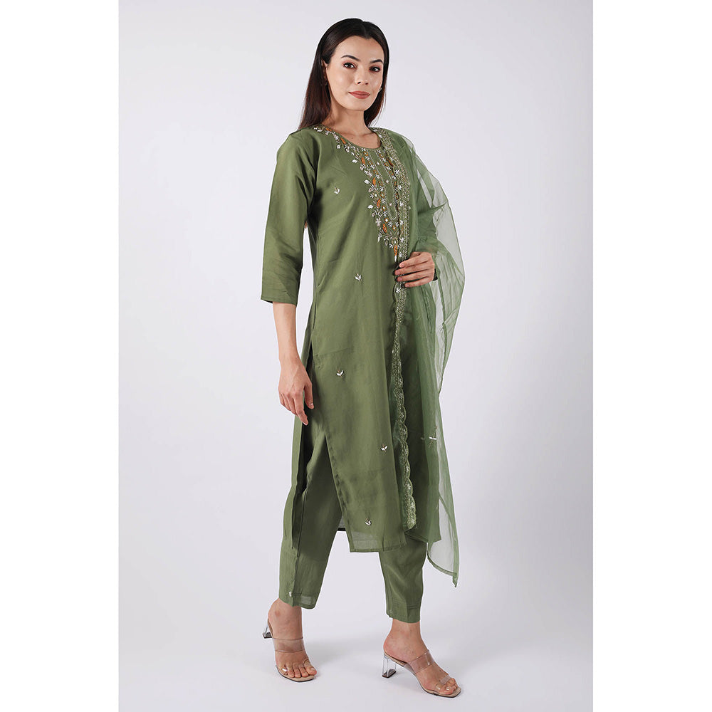 SHRUTI GOYAL Forest Green Embroidered Kurta with Pant and Dupatta (Set of 3)
