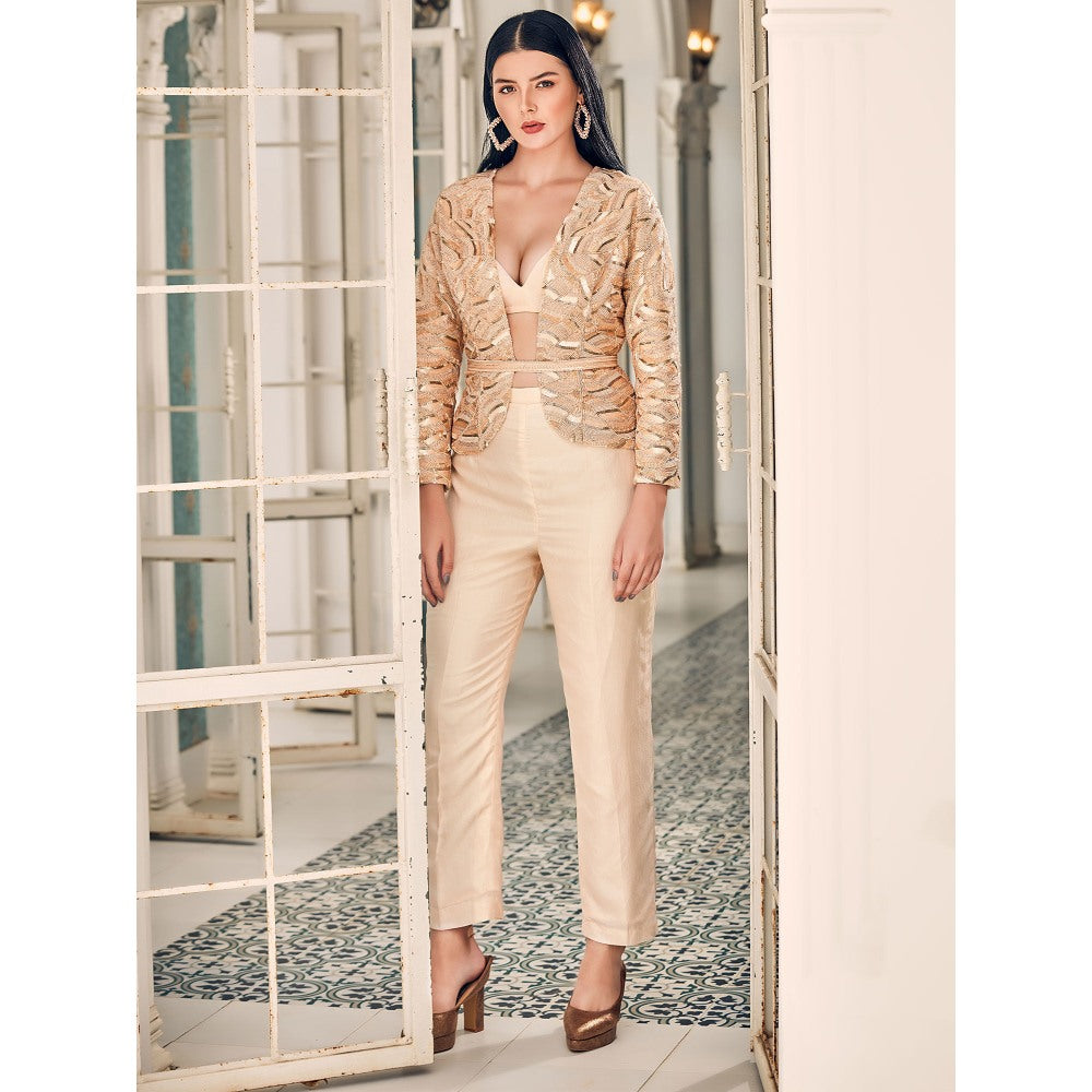 Shriya Dahlia Beige Jacket with Bustier, Pant and Belt (Set of 4)