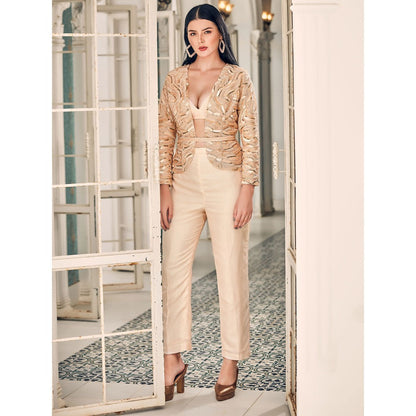Shriya Dahlia Beige Jacket with Bustier, Pant and Belt (Set of 4)