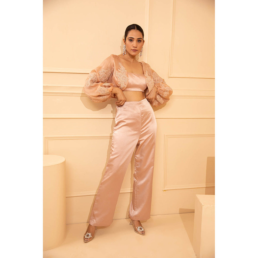 Shriya Dahlia Pink Puff Sleeves Crop Jacket with Bustier and Pant (Set of 3)