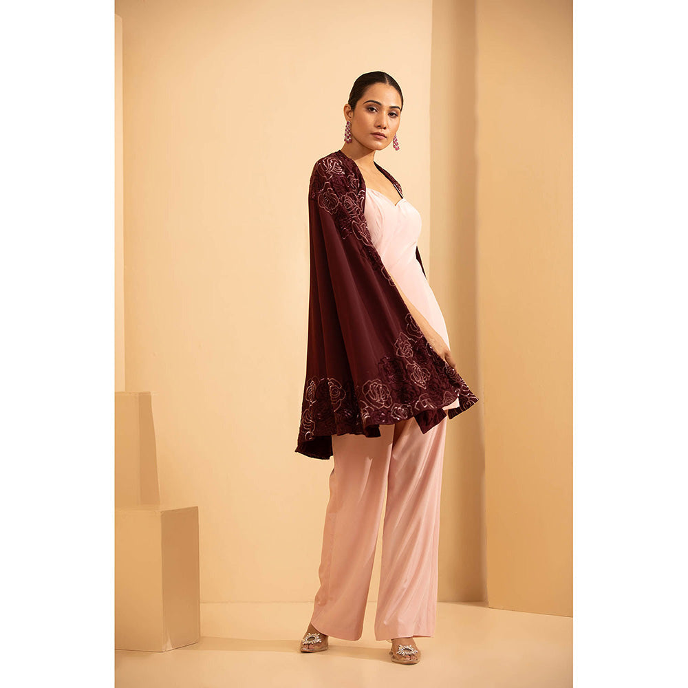 Shriya Dahlia Pink Roses Cape with Tunic and Pants (Set of 3)