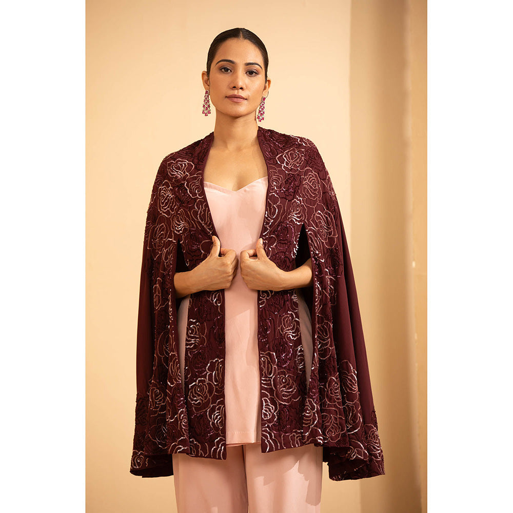 Shriya Dahlia Pink Roses Cape with Tunic and Pants (Set of 3)