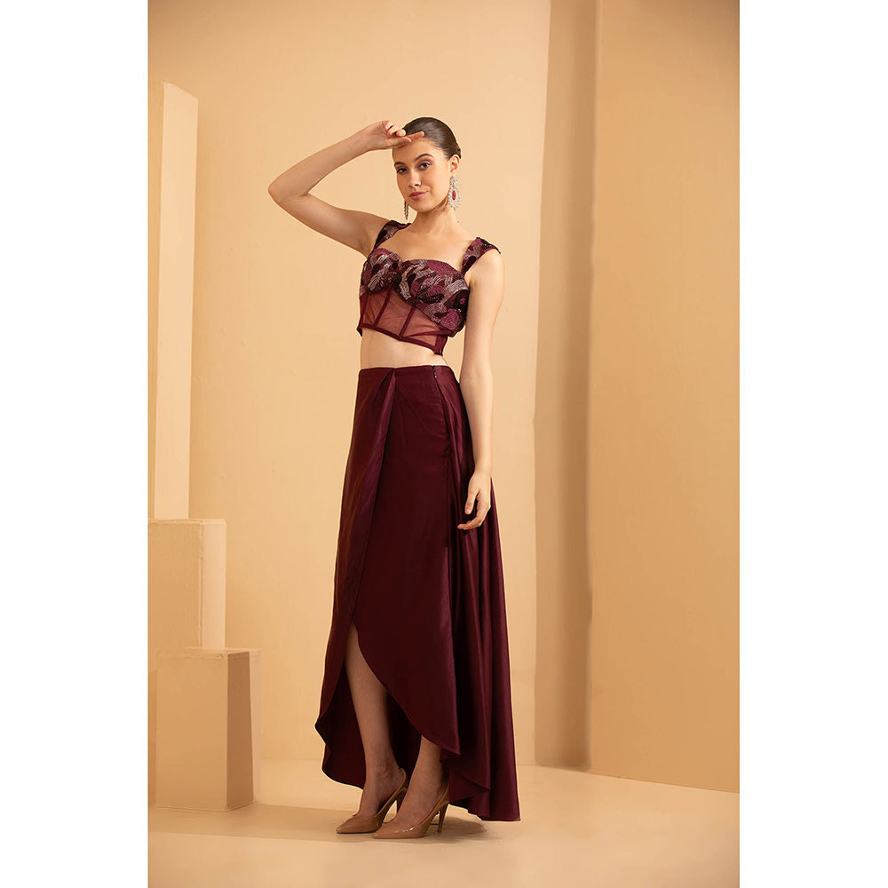 Shriya Dahlia Burgundy Corset Bustier with Drape Skirt (Set of 2)