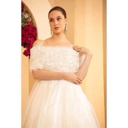 Shriya Dahlia White Applique Shoulder Cape with Gown (Set of 2)