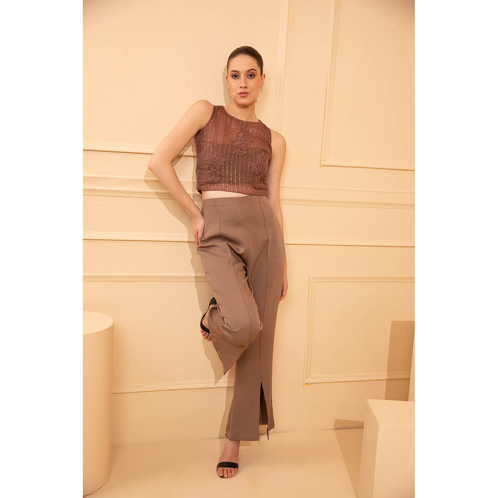 Shriya Dahlia Brown Embroidered Crop Top with Bustier and Pants (Set of 3)
