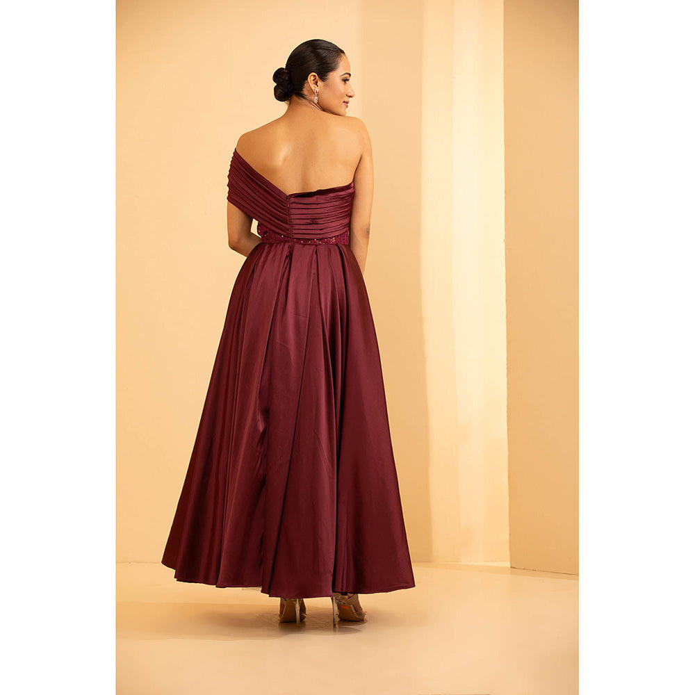 Shriya Dahlia Wine Off Shoulder Gown
