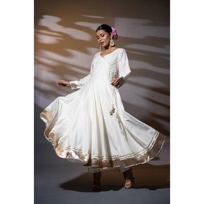 Shweta Dabas Fiza Ivory Angarkha Kurta with Pant and Dupatta (Set of 3)