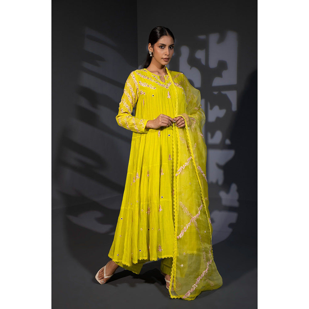 Shweta Dabas Neon Green Tiered Embroidered Anarkali with Pant and Dupatta (Set of 3)