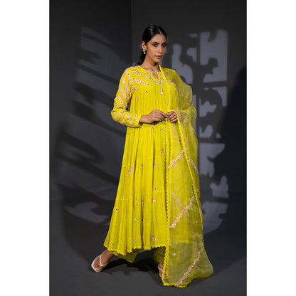 Shweta Dabas Neon Green Tiered Embroidered Anarkali with Pant and Dupatta (Set of 3)
