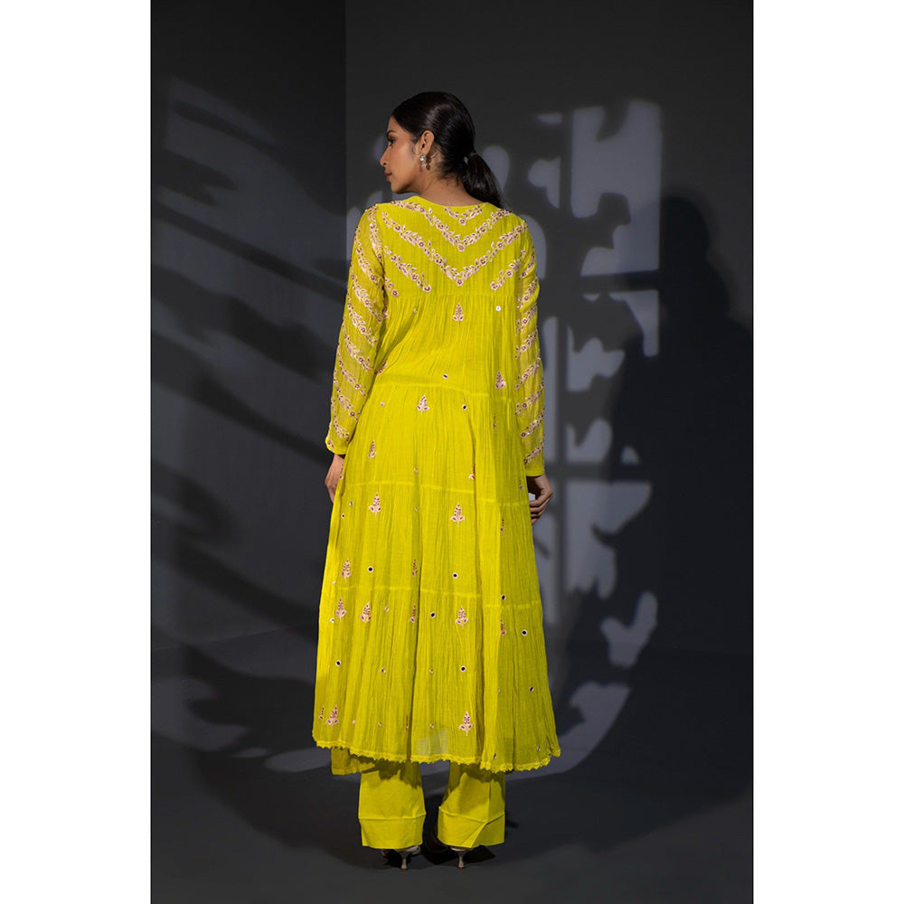 Shweta Dabas Neon Green Tiered Embroidered Anarkali with Pant and Dupatta (Set of 3)