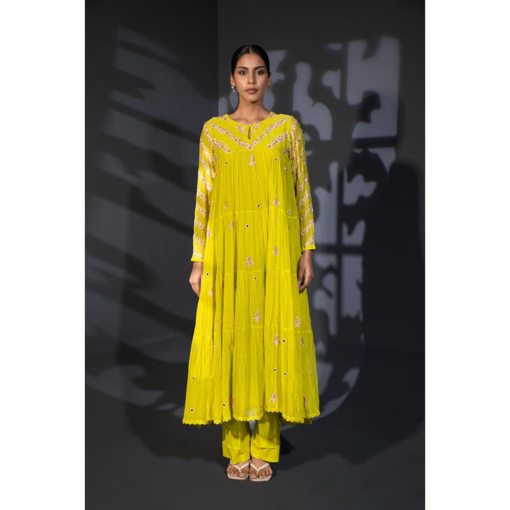 Shweta Dabas Neon Green Tiered Embroidered Anarkali with Pant and Dupatta (Set of 3)
