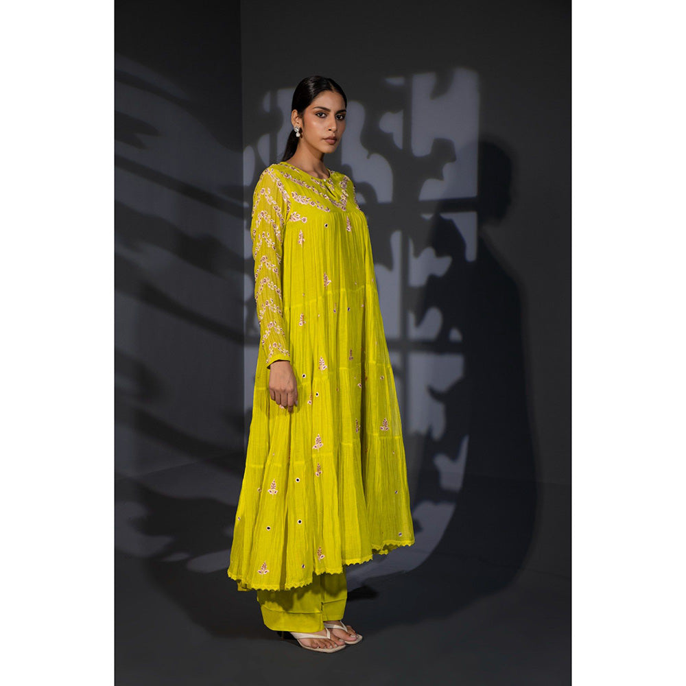 Shweta Dabas Neon Green Tiered Embroidered Anarkali with Pant and Dupatta (Set of 3)
