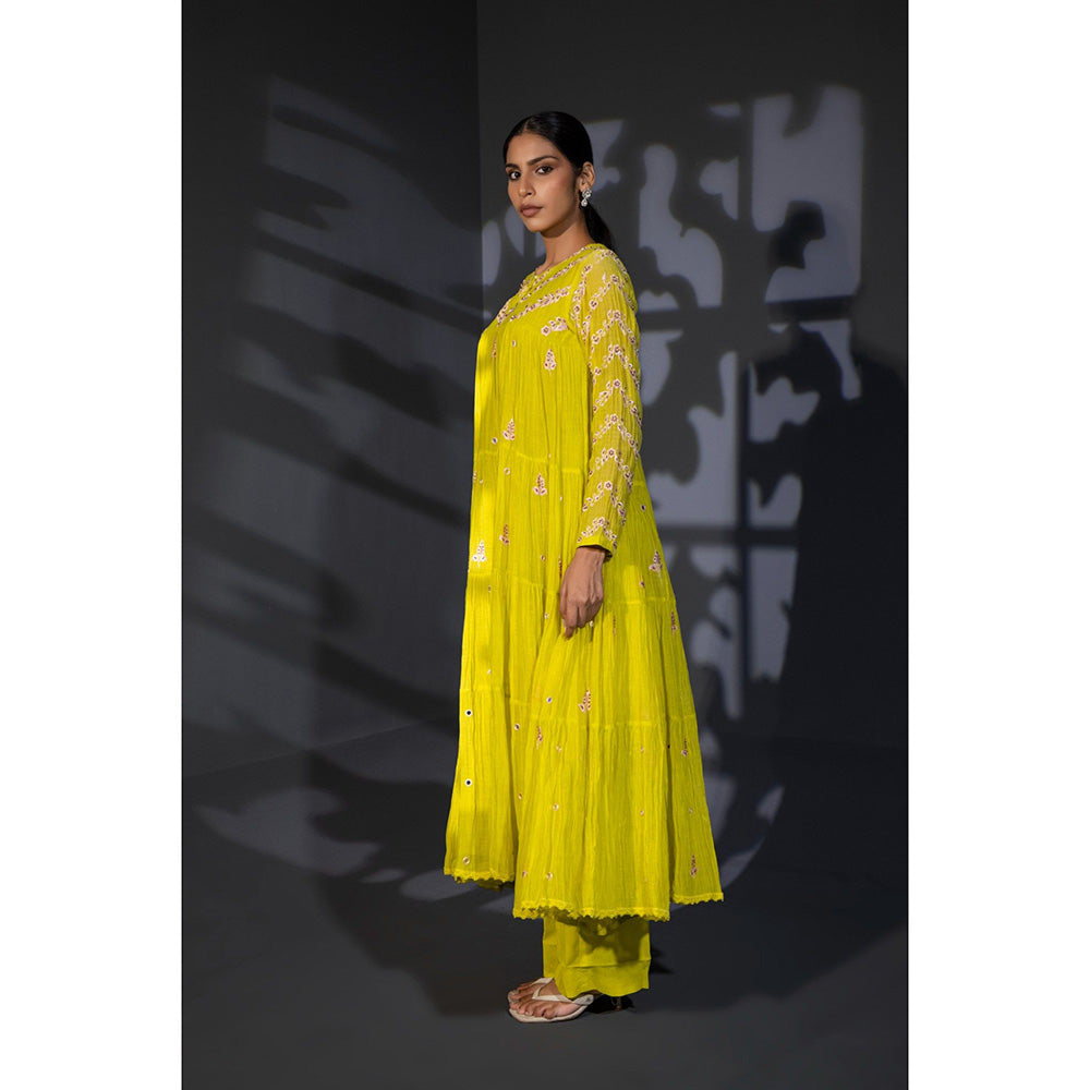 Shweta Dabas Neon Green Tiered Embroidered Anarkali with Pant and Dupatta (Set of 3)
