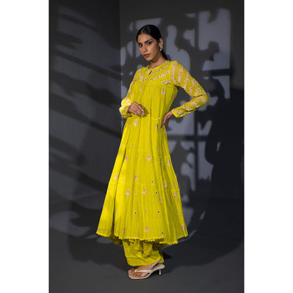 Shweta Dabas Neon Green Tiered Embroidered Anarkali with Pant and Dupatta (Set of 3)